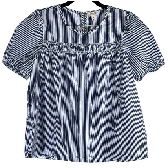J.Crew Blue White Striped Smocked Short Sleeve Square Keyhole Neck Blouse Size S - Picture 1 of 1